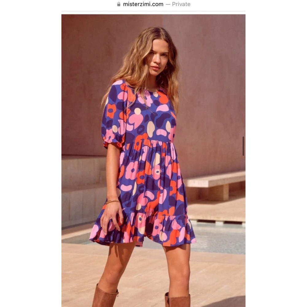 Mister Zimi Mini Dress Retro Floral Puff Sleeve Babydoll Blue Pink Orange Size 4